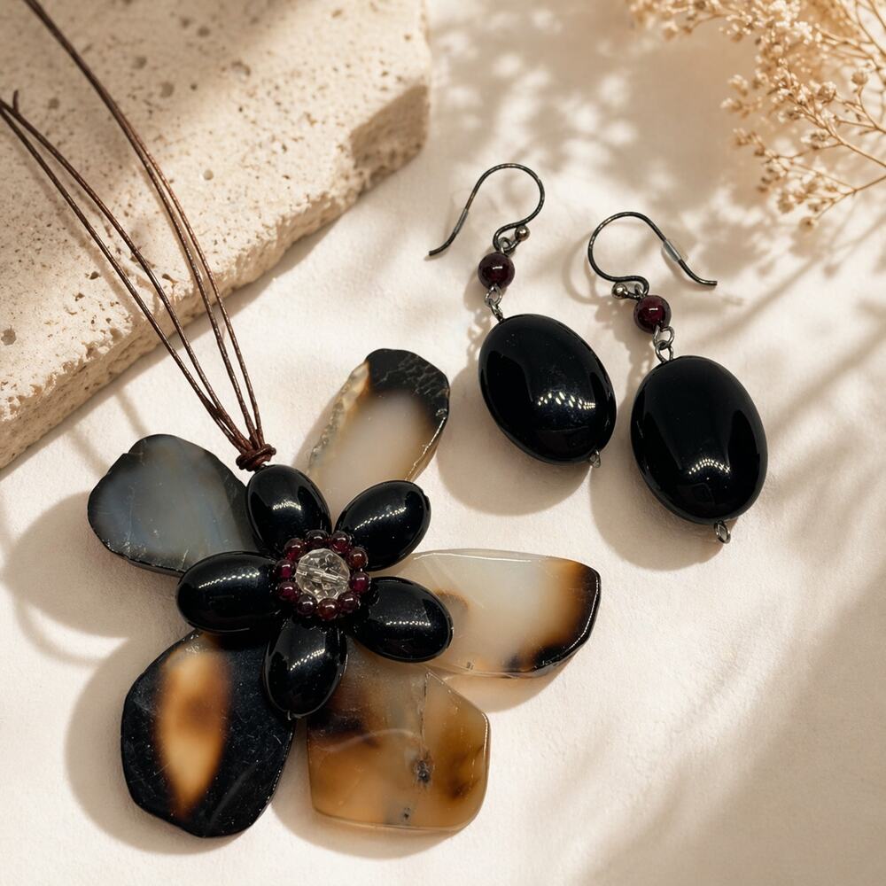 Brown Flower Statement Necklace Earrings Set Chunky Boho Dangle Jewelry NWT
